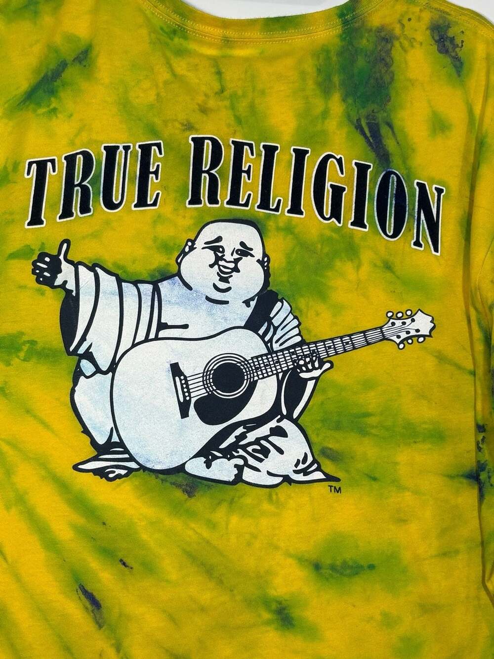 True Religion Men's Yellow and Green Tie-Dye Buddha Logo Graphic T-Shirt XXL